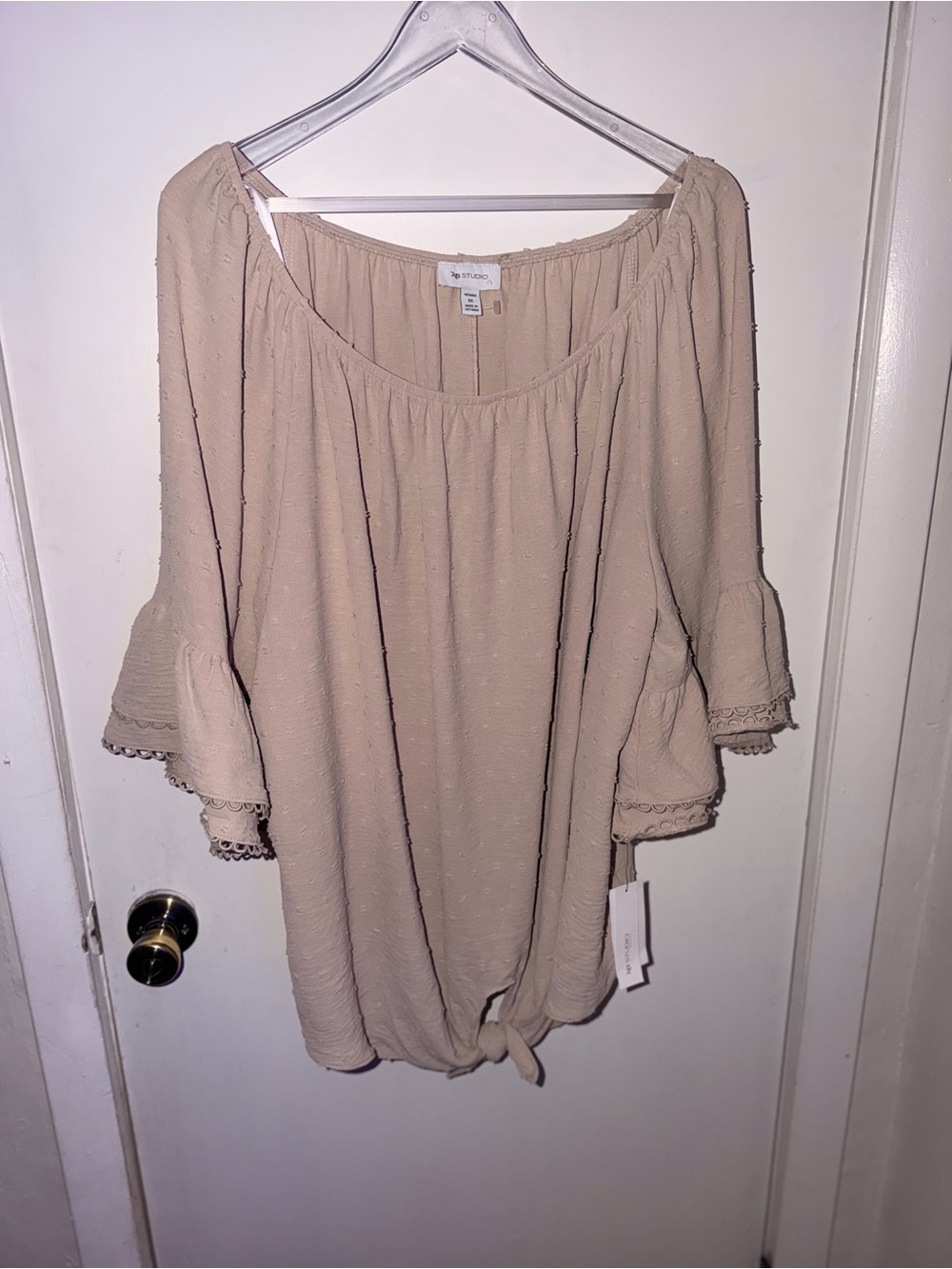 AB Studio Beige Off-Shoulder Peasant Tunic